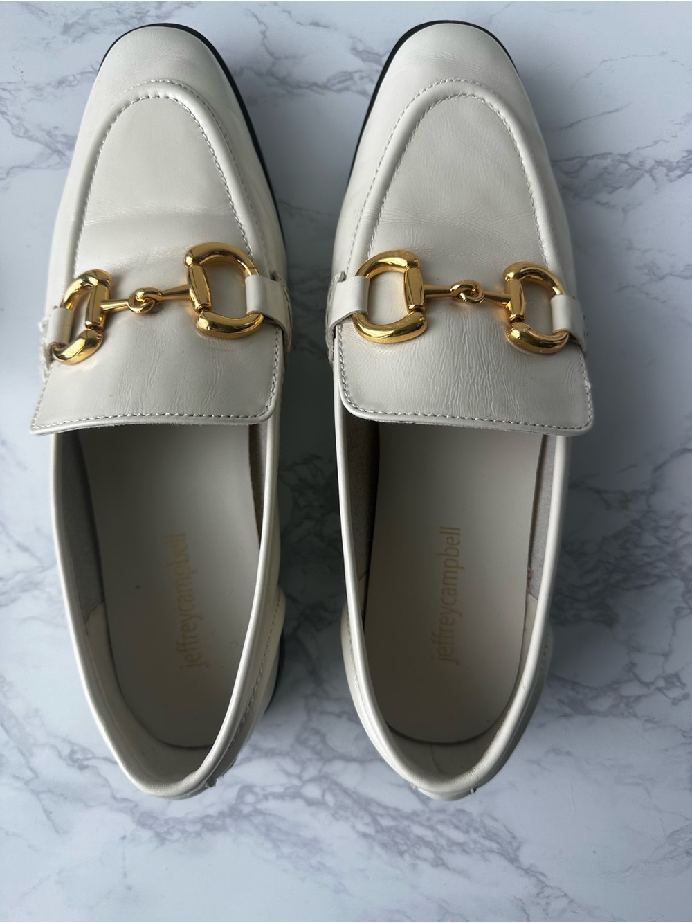 Jeffrey Campbell Cream Leather Loafers with Gold Horsebit